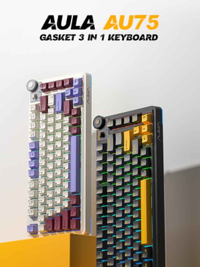 AULA AU75 3 IN 1 GASKET MECHANICAL KEYBOARD BEIGE + PUPLE + RED TYPE C WIRED, WIRELESS & BLUETOOTH
