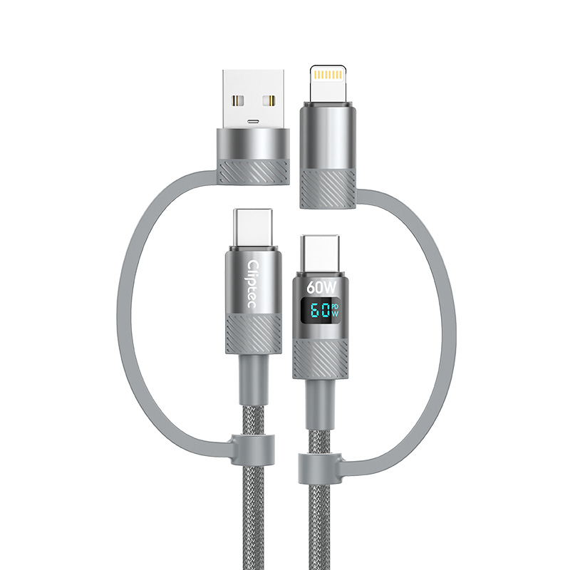 Cliptec 4 IN 1 PLUG-TO-CHANGE 60W HORIZONTAL LED DISPLAY FAST CHARGING CABLE 1.2M