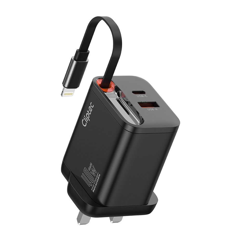 Cliptec 40W GaN DUAL PORTS FAST CHARGER WITH RETRACTABLE LIGHTNING CABLE (TYPE C CABLE +C+A)