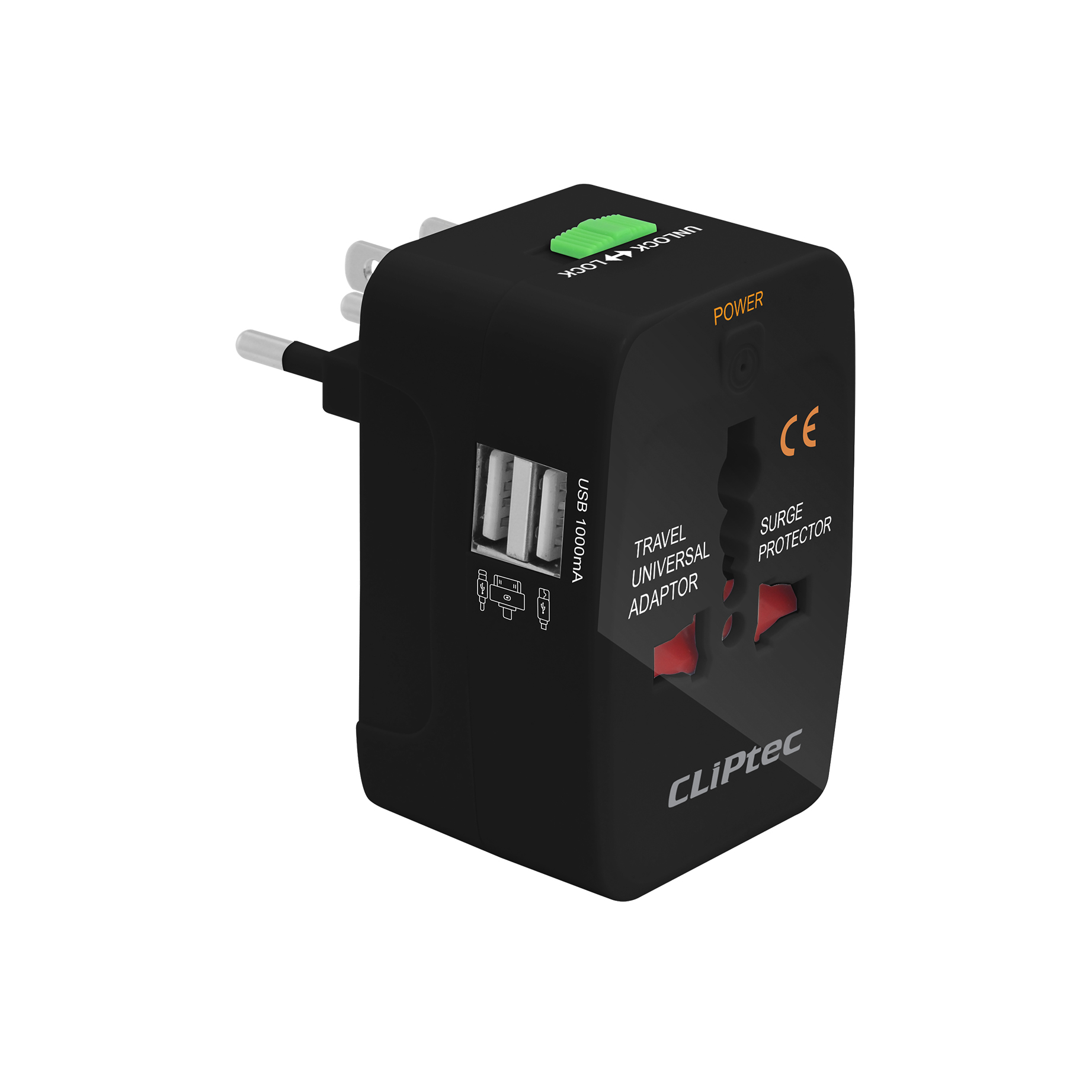 Cliptec UNIVERSAL TRAVELLING PLUG ADAPTOR WITH USB PORTS