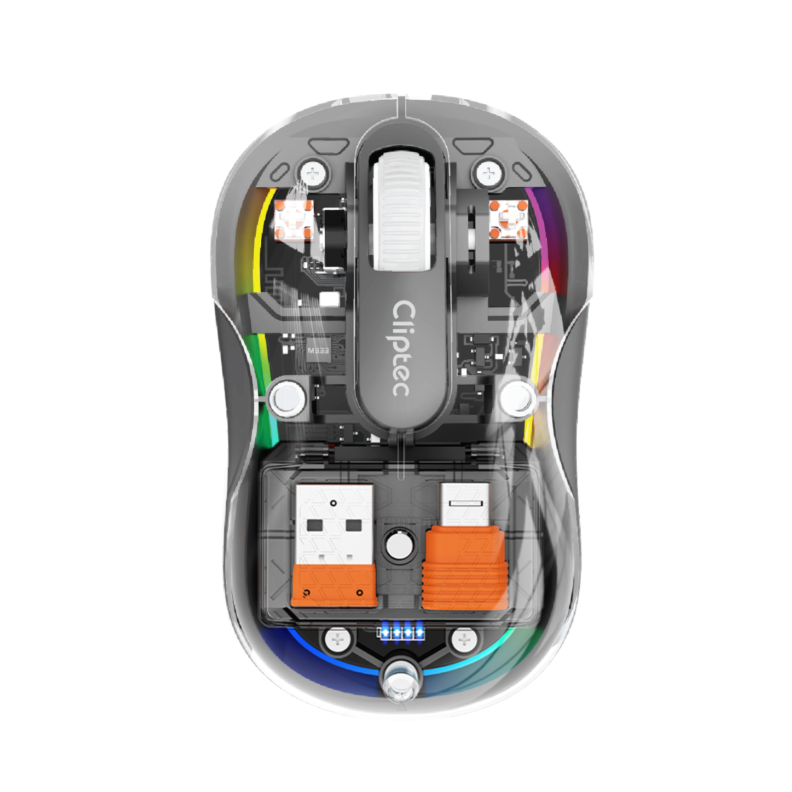 Cliptec DUAL MODE 2400DPI TRANSPARENT RECHARGEABLE RGB SILENT WIRELESS MOUSE WITH 2 RECEIVER