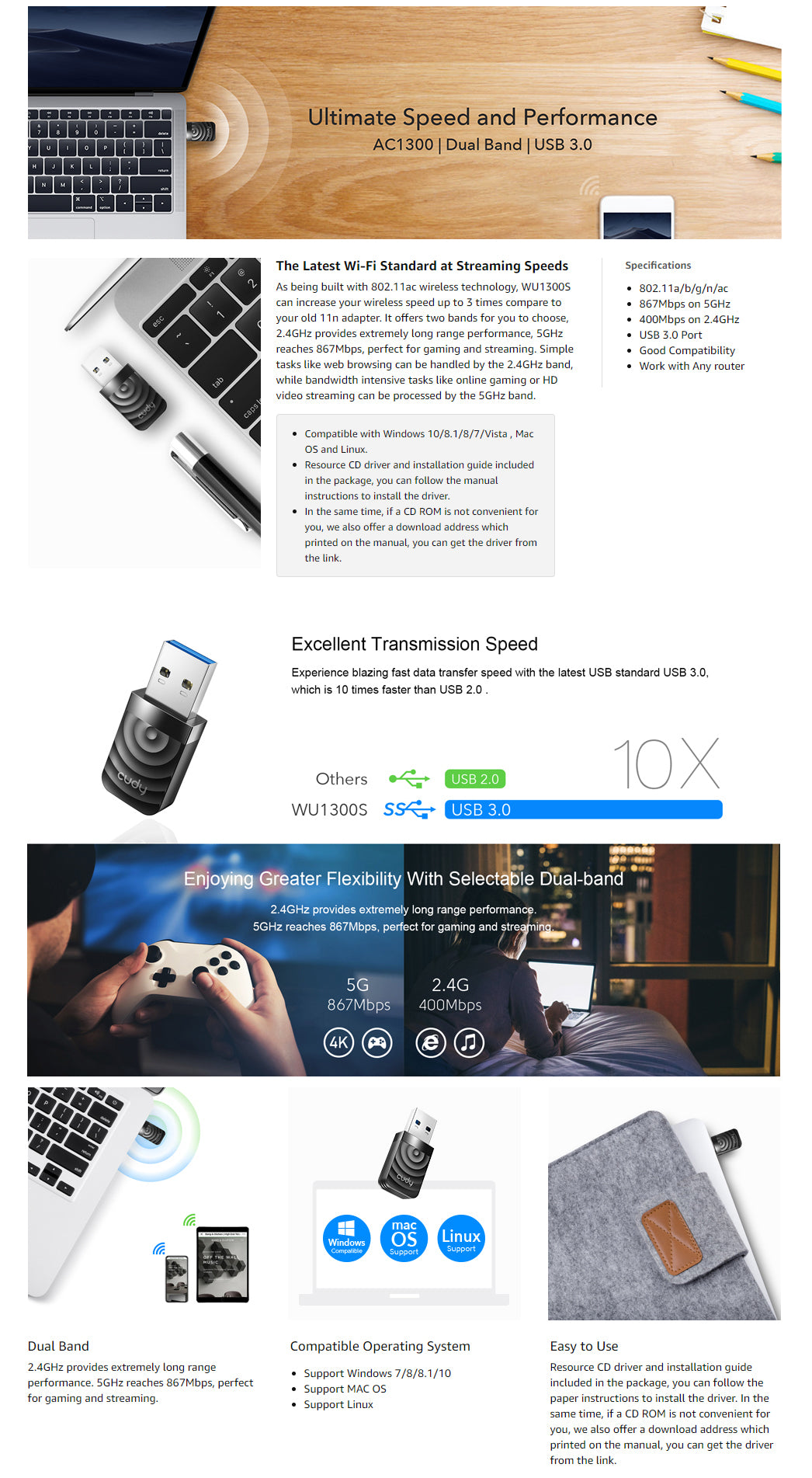 CUDY AC1300 WIFI USB 3.0 ADAPTER (WU1300S)