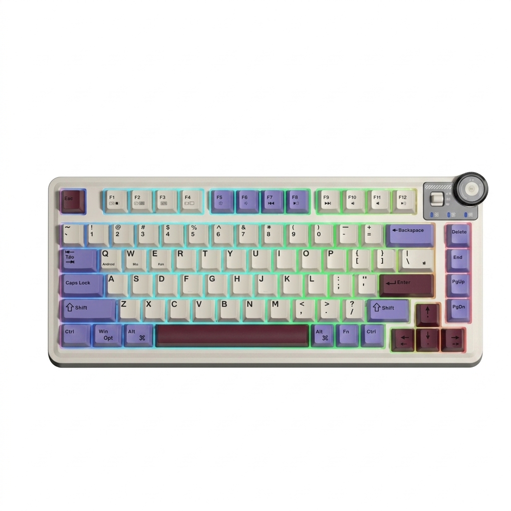 AULA AU75 3 IN 1 GASKET MECHANICAL KEYBOARD BEIGE + PUPLE + RED TYPE C WIRED, WIRELESS & BLUETOOTH