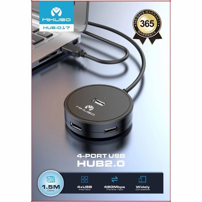 MIKUSO HUB 4 PORT USB 2.0 WITH CABLE 1.5 METER - HUB 017