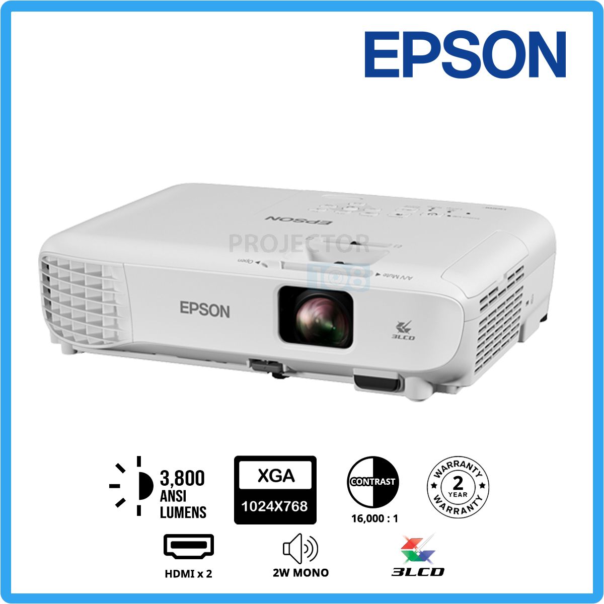 EPSON PROJECTOR EB-X52 XGA,3800 Lumens, 6000 Lamp Hours, 16000:1 Contrast Ratio