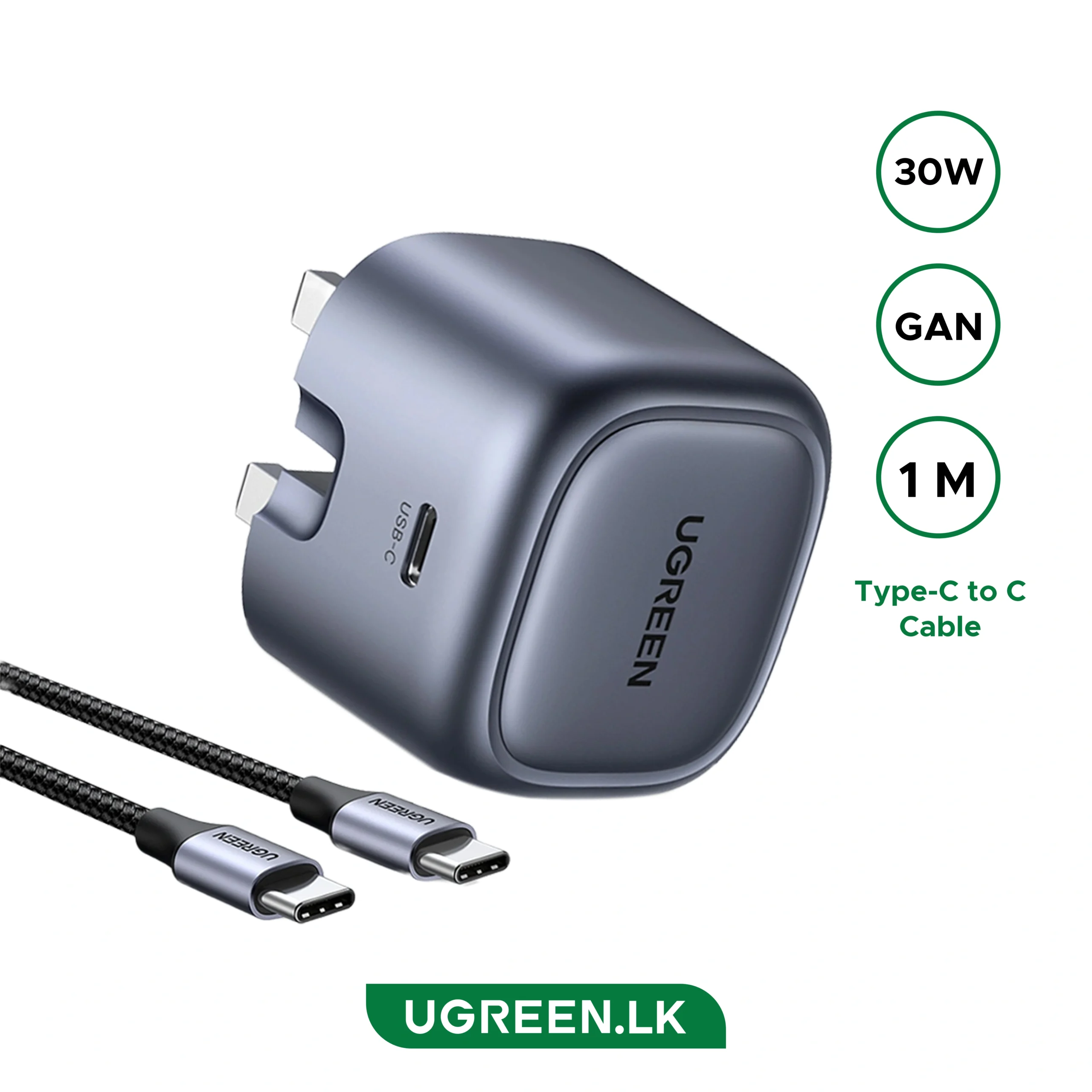 Ugreen NEXODE 30W USB-C PD GAN FAST CHARGER + USB-C TO USB-C CABLE